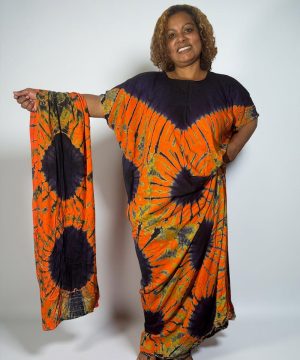 "Volcanic Glow" Hand-Dyed Tie-Dye Maxi Kaftan with Scarf