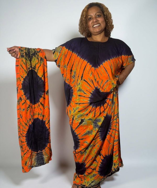 "Volcanic Glow" Hand-Dyed Tie-Dye Maxi Kaftan with Scarf