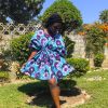 "Blue Bloom" African Print Cinch-Waist Short Kaftan Dress