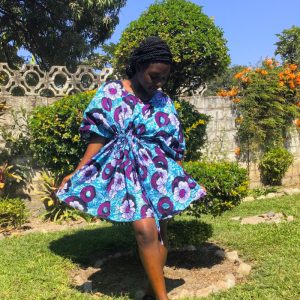 "Blue Bloom" African Print Cinch-Waist Short Kaftan Dress